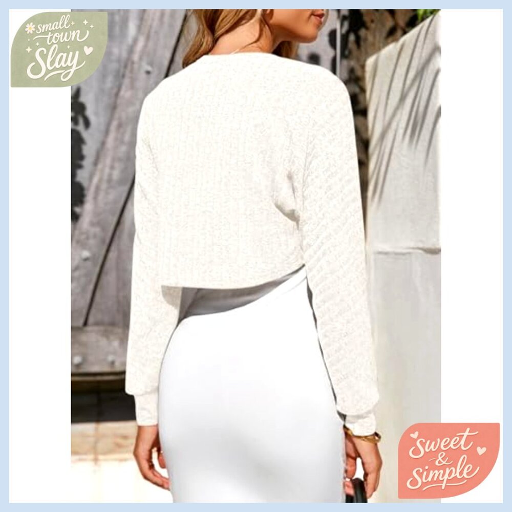 Summer Cropped Cardigan Open Front Long Sleeve Knit Shrug Lightweight - Picture 4 of 7